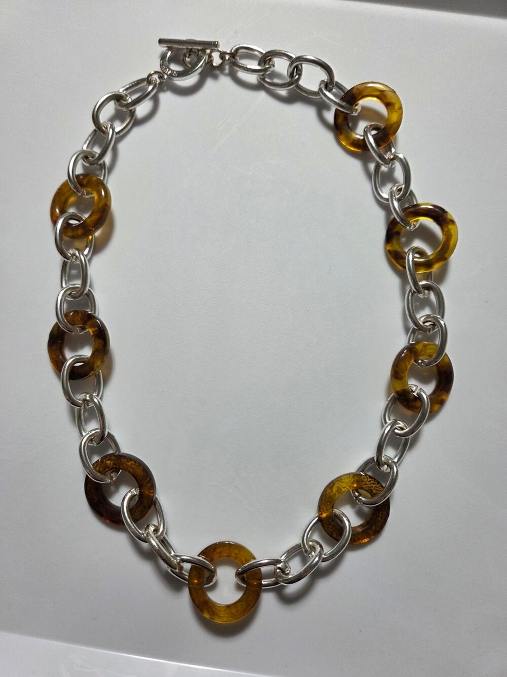 Chaps Ralph Lauren Tortoiseshell Link Necklace Silver Tone Toggle Statement
